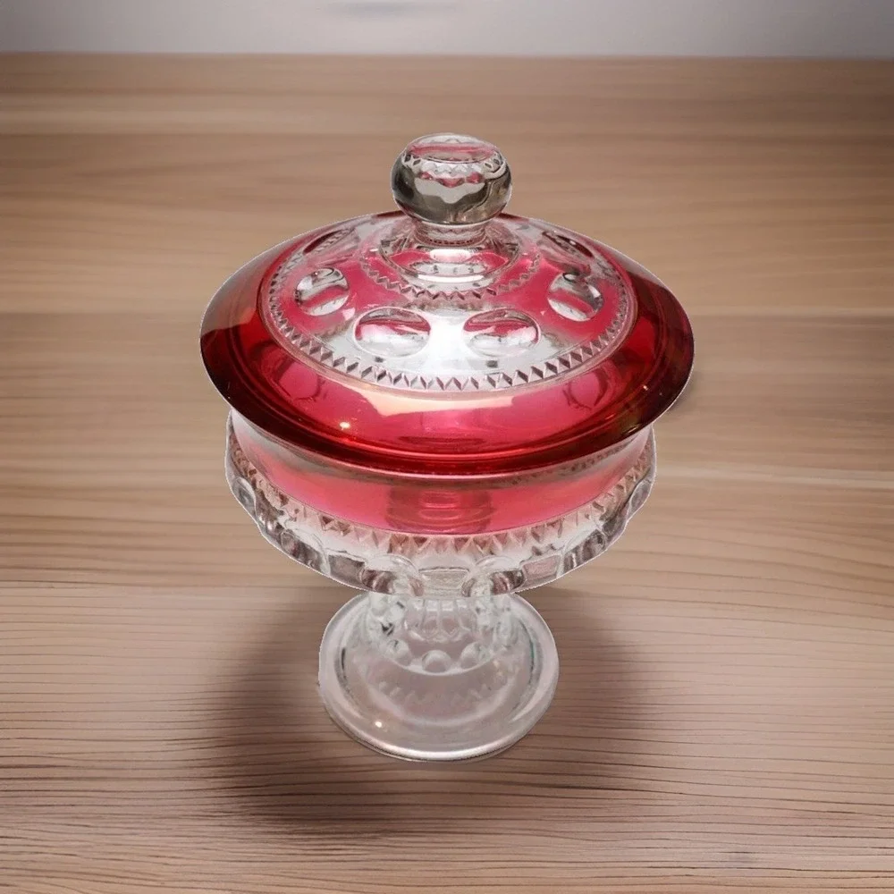 VTG Indiana Glass Kings Crown Thumbprint Ruby Flash Pedestal Candy Dish w/Lid